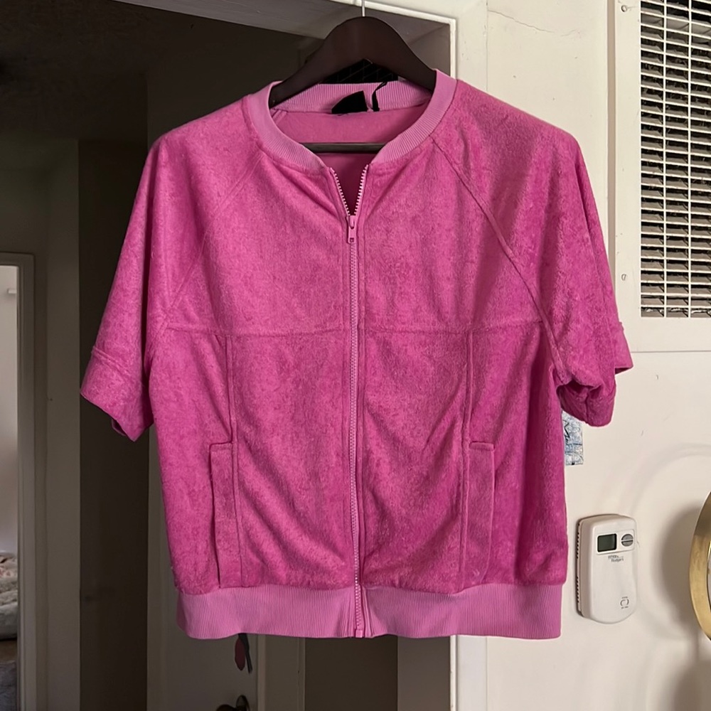 urban outfitters, out from under, pink, short sleeve track jacket. size s.